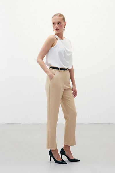 Sateen Belted Trousers - Dark Beige