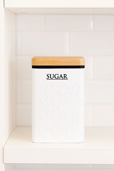 Arma House 1 Piece Seersucker White Candy Storage Box & Jar with Wooden Look Metal Lid 17*11*8 cm