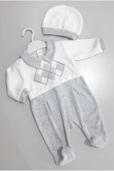Sönmez Baby KARE NAKIŞ KADİFE TULUM VE ŞAPKASI İKİLİ ERKEK BEBE TAKIM