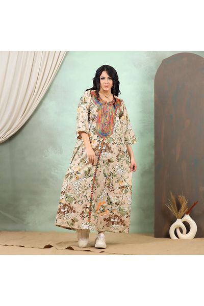 Lyaly aljlabyh Egyptian cotton summer jalabiya with a colorful floral print and luxurious embroidery on the chest, for a fresh and comfortable look.