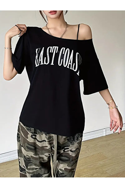 npLStore Kadın Düşük Omuz Kayık Yaka East Coast Baskılı T-shirt