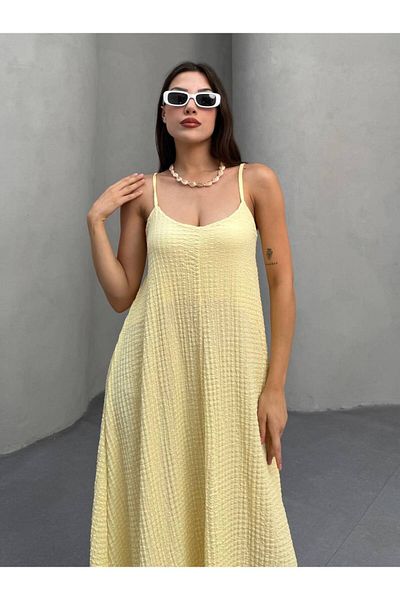 asalya Women's Yellow Adjustable Strap Seersucker Fabric Summer Long Dress