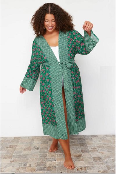 My ELİF Tekstil Women's Multicolored Belted Plus Size Kimono&Kaftan