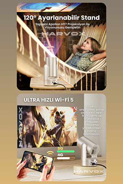 HARVOX Apollon HY7 Bataryalı Projeksiyon Cihazı Taşınabilir 4K Destekli 1080P Android Sistemli Projektör