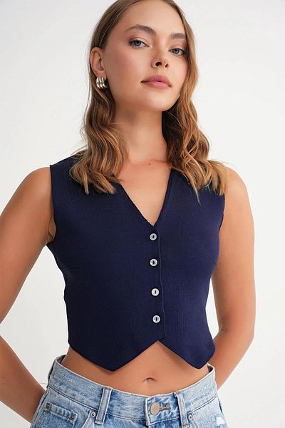 Mixray 6827 Women's V-Neck Buttoned Summer Knitwear Vest Navy Blue