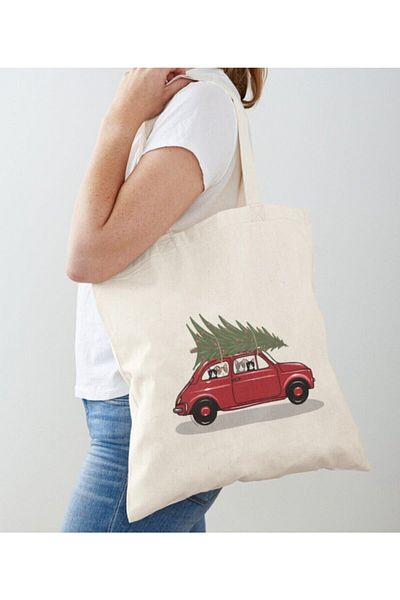 GİFTORA Happy New Year - Happy New Year - Christmas Tree Printed Raw Cloth Shoulder Bag