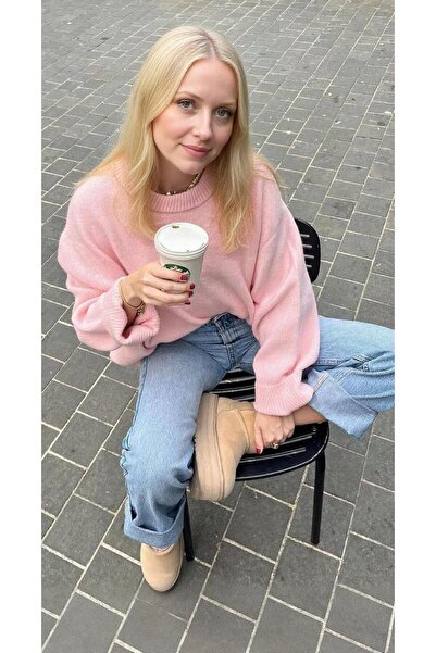 uyguntarz Růžový oversize svetr s kulatým výstřihem