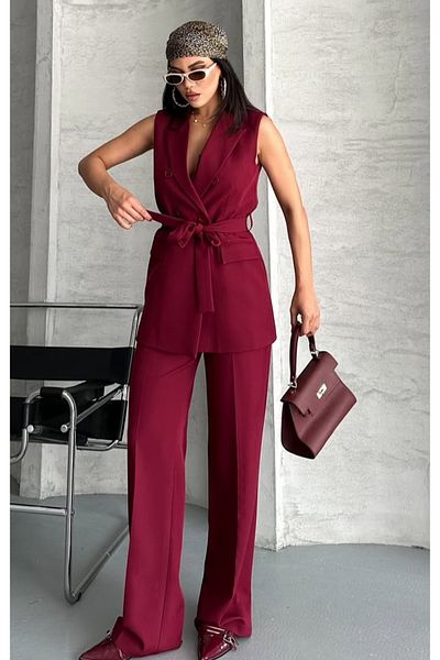 pembekurdelem Women's Belted Vest Trousers Suit Burgundy