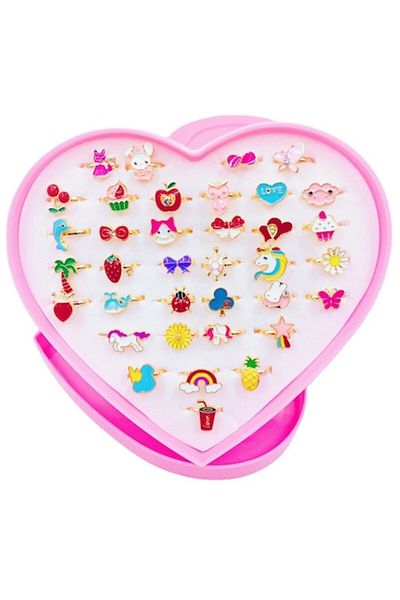 Tessero Set of 36 rings for children with animated designs, heart box,