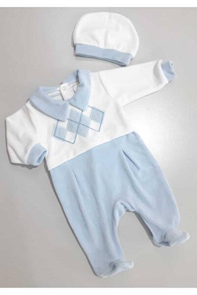 Sönmez Baby KARE NAKIŞ KADİFE TULUM VE ŞAPKASI İKİLİ ERKEK BEBE TAKIM