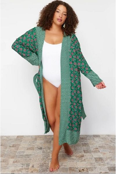 My ELİF Tekstil Women's Multicolored Belted Plus Size Kimono&Kaftan