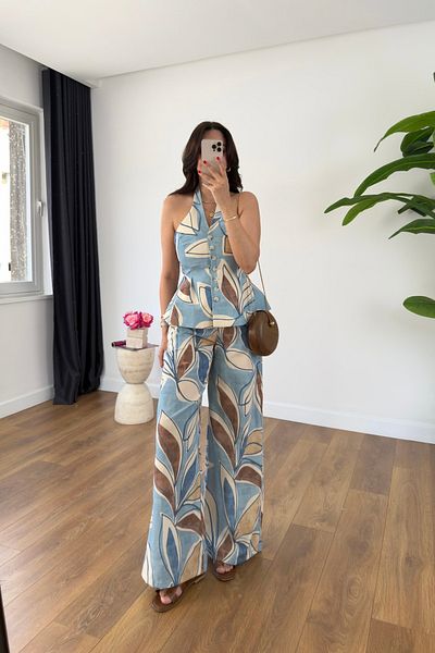 BİRCANÇİL Hosa Blue Brown Patterned Halter Vest Pants Suit