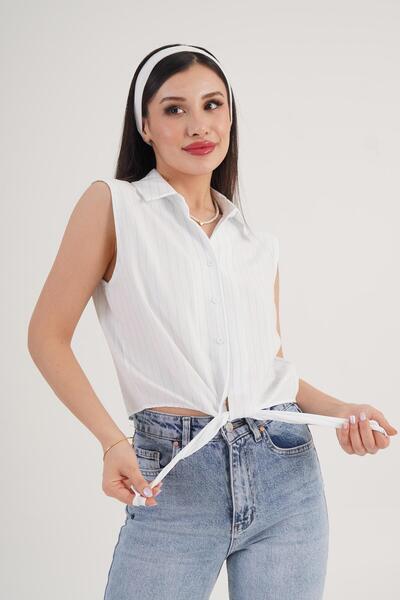 Hipo Trend قميص فيروزي بدون أكمام مع تفاصيل ربط مخططة