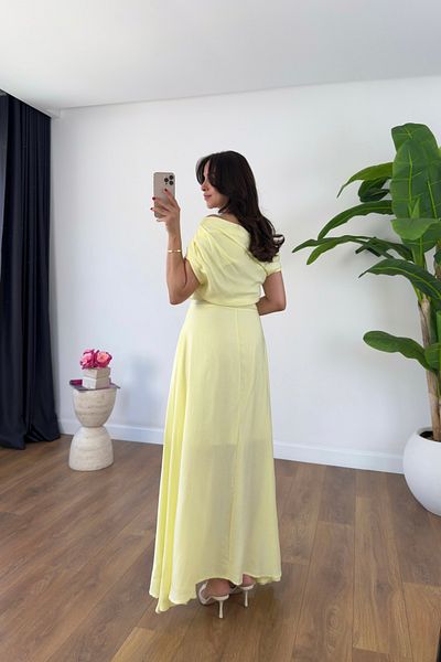 BİRCANÇİL Nissa Yellow Boat Neck Lined Dress