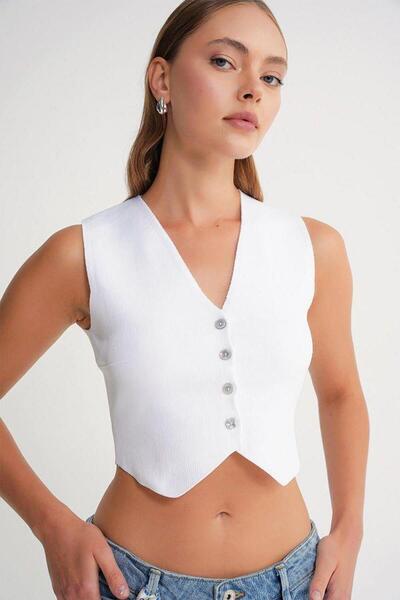Mixray 6827 Women's V-Neck Buttoned Summer Knitwear Vest White