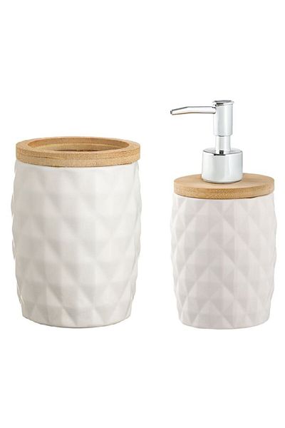 Herum Set de accesorii pentru baie, ceramică, dozator de săpun și suport pentru periuță de dinți, alb, 2 piese