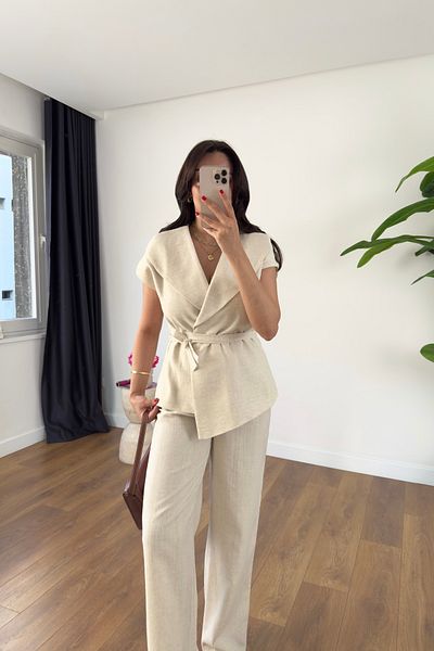 BİRCANÇİL Tiana Stone Casual Collar Tie Detail Vest Pants Suit