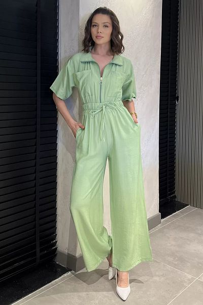 GÜLSELİ Watermelon Half-Zip Elastic Waist Short Sleeve Jumpsuit