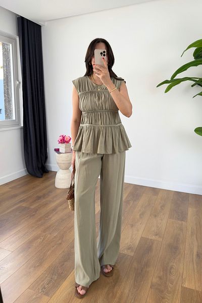 BİRCANÇİL Morre Khaki Drawstring Detailed Tensl Trousers Set