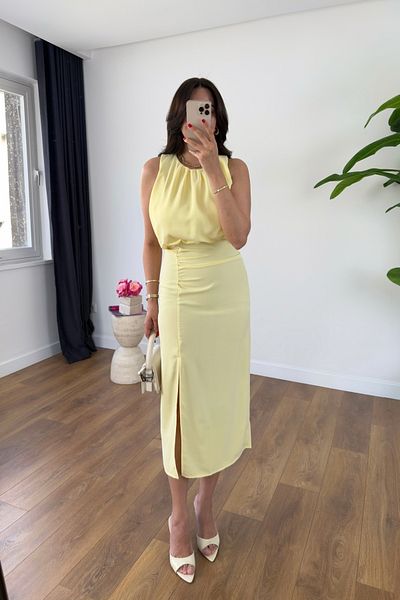 BİRCANÇİL Winnie Yellow Draped Dress with Slit Detail