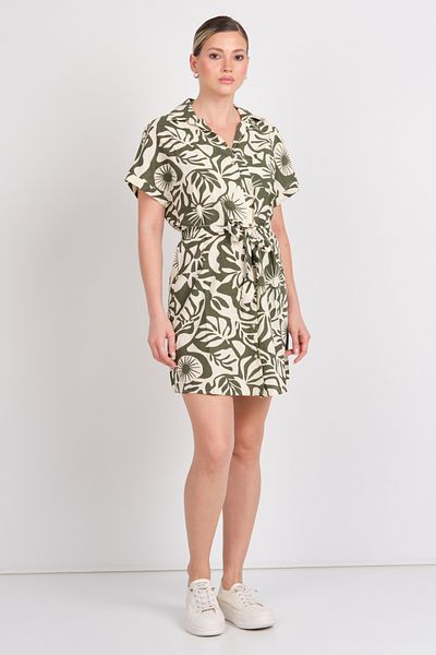 ONLY Women's Onljakırı Patterned Waist Tie Linen Shirt Dress 15346491 Green