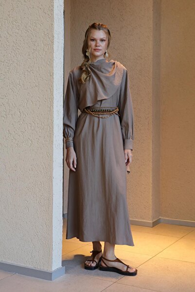 Puane Women's Shawl Collar Belted Long Tunic -12629Elb - Mink