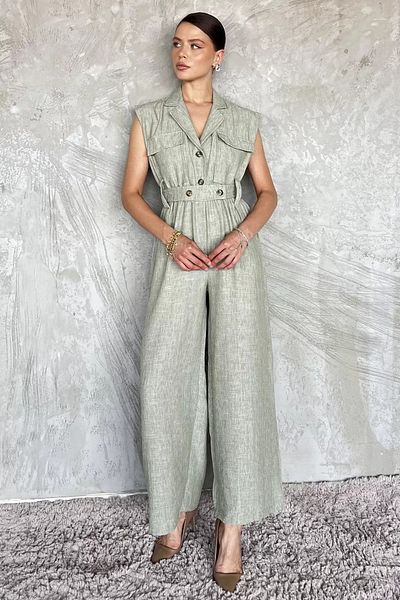 GÜLSELİ Khaki Elastic-Belted Waist Linen Jumpsuit