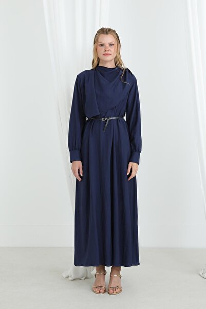 Puane Women's Shawl Collar Belted Long Tunic -12629Elb - Navy Blue
