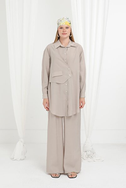 Puane Women's Asymmetrical Layer Detailed Shirt Trousers Suit-14351Tks - Beige