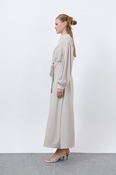 Puane Kadın Beli Kuşaklı Saten Elbise - 12608ELB - Bej