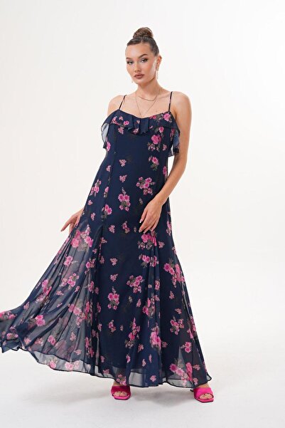 Flame İstanbul Butik Maxi Length Patterned Chiffon Navy Blue Dress with Rope Strap Mck5061-1