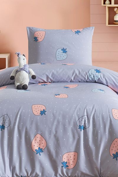 Eponj Home Single Cotton Duvet Cover Set 3 Pieces – Strawberry Pattern – Gray / Soft Textured