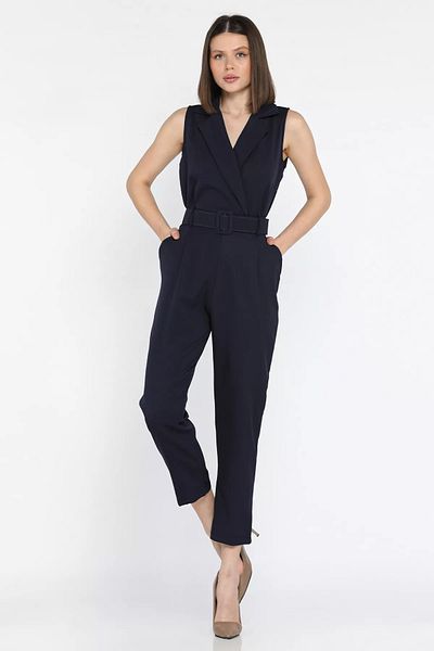 GÜLSELİ Navy Blue Belted Double Breasted Collar Zero Sleeve Women's Jumpsuit