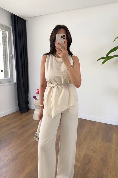 BİRCANÇİL Yilaha Stone Asymmetrical Drawstring Blouse Pants Set