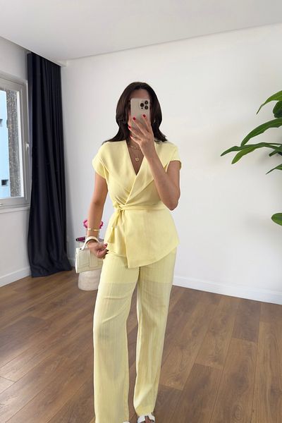 BİRCANÇİL Tiana Yellow Loose Collar Tie Detail Lined Vest Pants Suit