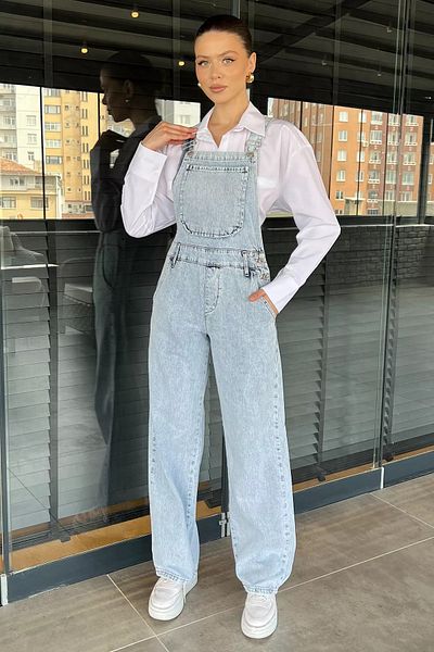GÜLSELİ Salopetă de damă din denim albastru gheață cu buzunar