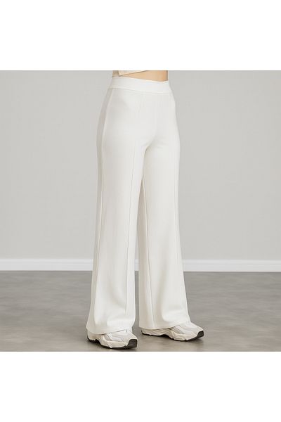 Alos Women's White Modal Wide Leg Striped High Waist Soft Textured Lycra Trousers with Elastic Waist