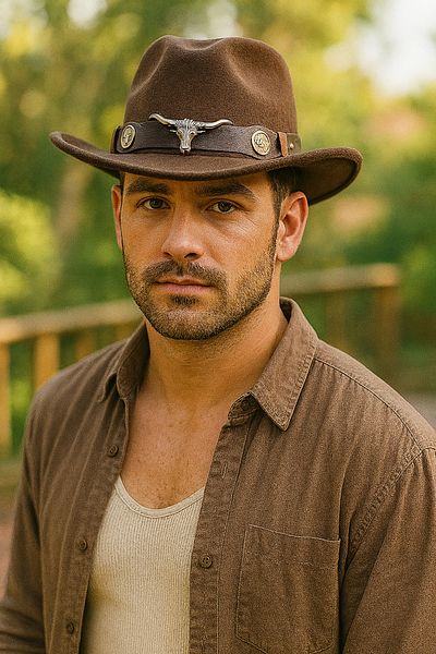 LAGRANZE Men's Cowboy Fedora Hat with Longhorn Figure Metal Detail
