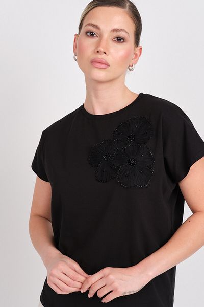 WIENELLA Women's Tulle and Bead Decoration Side Slit Blouse 5024 Black