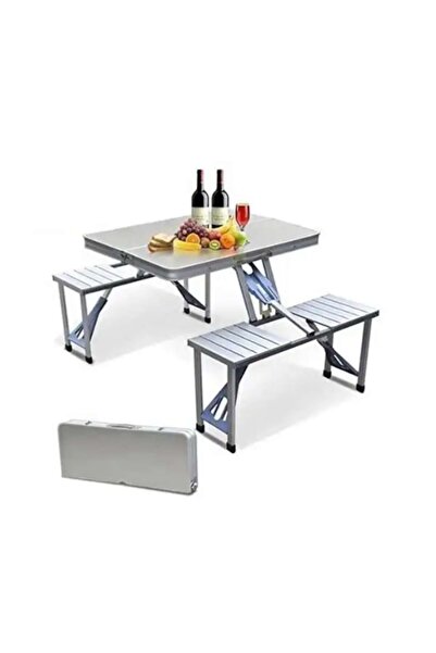 Herum Camping Table with Folding Chairs, Gray, 86 x 67 x 67 cm