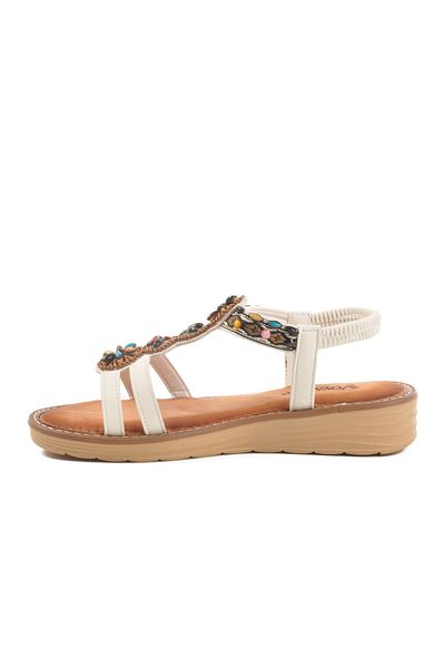 Voyager White Genuine Leather Stone Embroidered Women's Sandals 9634 Z