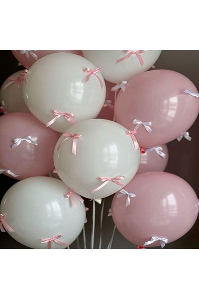 eğlencemarketi Ribbon Balloon - Pink and White Ribbon Balloon Ribbon Balloon 30 Pieces Ribbon 10 Pieces Balloon