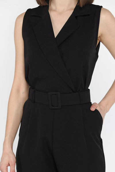 GÜLSELİ Black Belted Double Breasted Collar Zero Sleeve Women's Jumpsuit