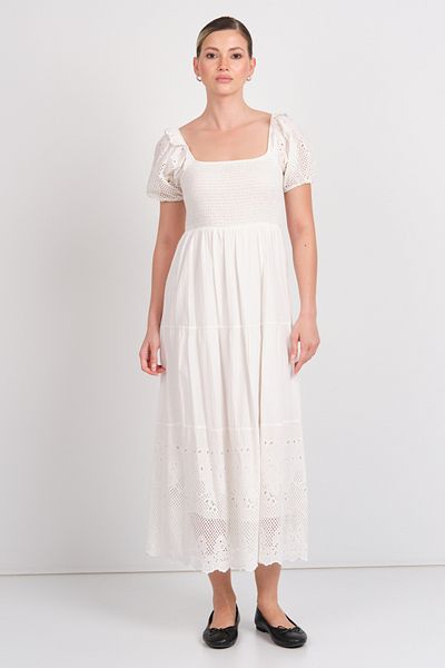 WIENELLA Women's Top Size Lycra Lace Detailed 100% Cotton Maxi Dress 4010 Ecru