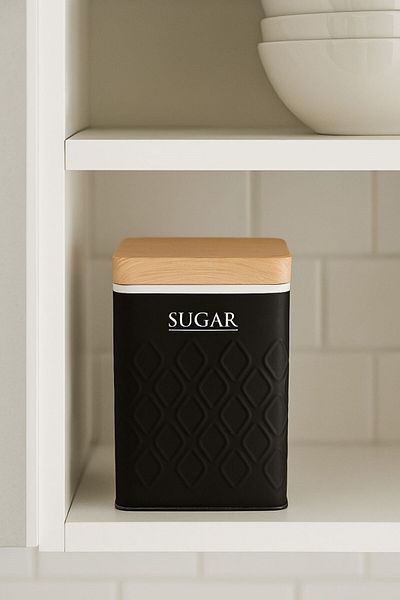 Arma House 1 Piece Seersucker Black Candy Storage Box & Jar with Wooden Look Metal Lid 17*11*8 cm