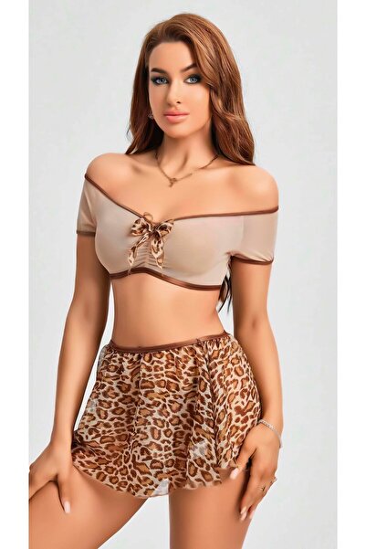 pilelistore Sutien cu bretele groase Aesco, cu fustă cu imprimeu leopard, căm...