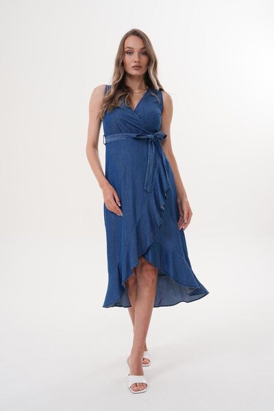 Flame İstanbul Butik Μίντι τζιν μπλε φόρεμα με βολάν MCK5066