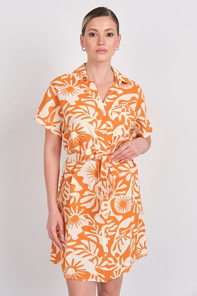 ONLY Women's Tied Waist Linen Shirt Dress with Onljakırı Pattern 15346491 Orange