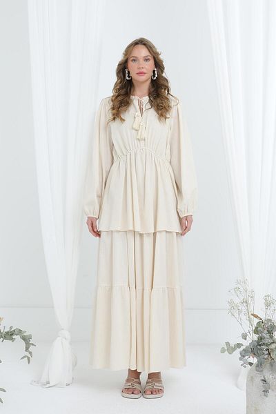 Puane Women's Lace-Up Layered Comfortable Dress -12633Elb - Beige
