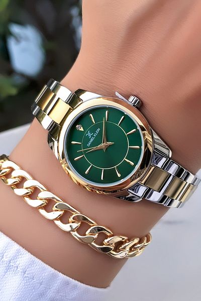 Daniel Klein Original 2 Years Warranty 3Atm Waterproof Gold Green Dial Women's Wristwatch with Bracelet Gift